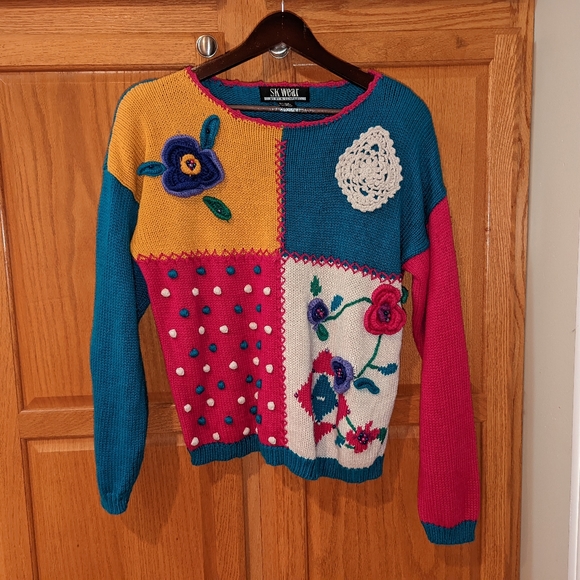 Vintage SKY wear Pink Blue Floral Flower Embellished Women size M Sweater - Picture 1 of 11
